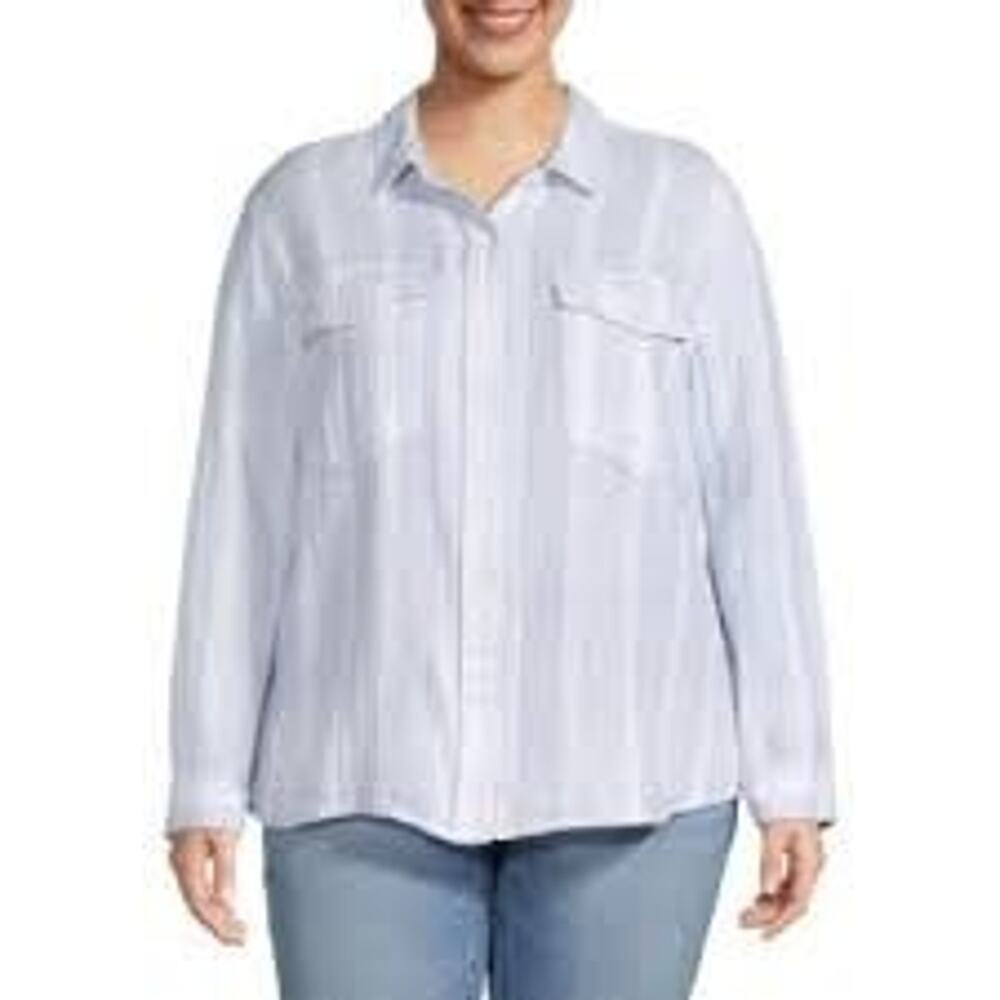 a.n.a Size 0X  Light Blue & White Stripe Utility Shirt w/ Pockets NWT